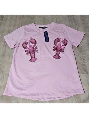 Celestial Blue Pink Sequined Lobster Tshirt Jersey Knit Size S Womens Nwt Beach